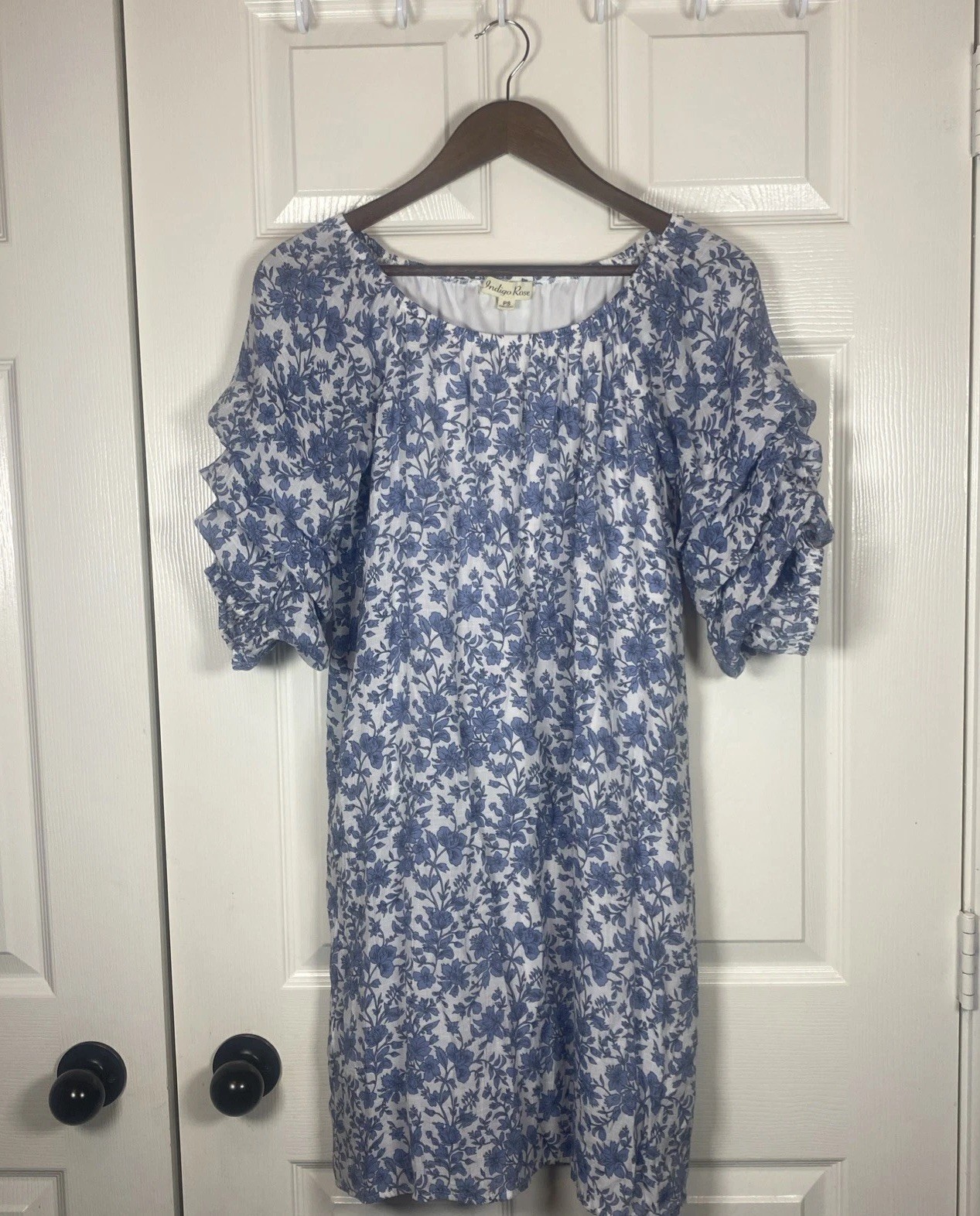 Indigo Rose, Petite Small, Blue Floral Puff Sleeve Crinkle Dress Lined Midi Boho
