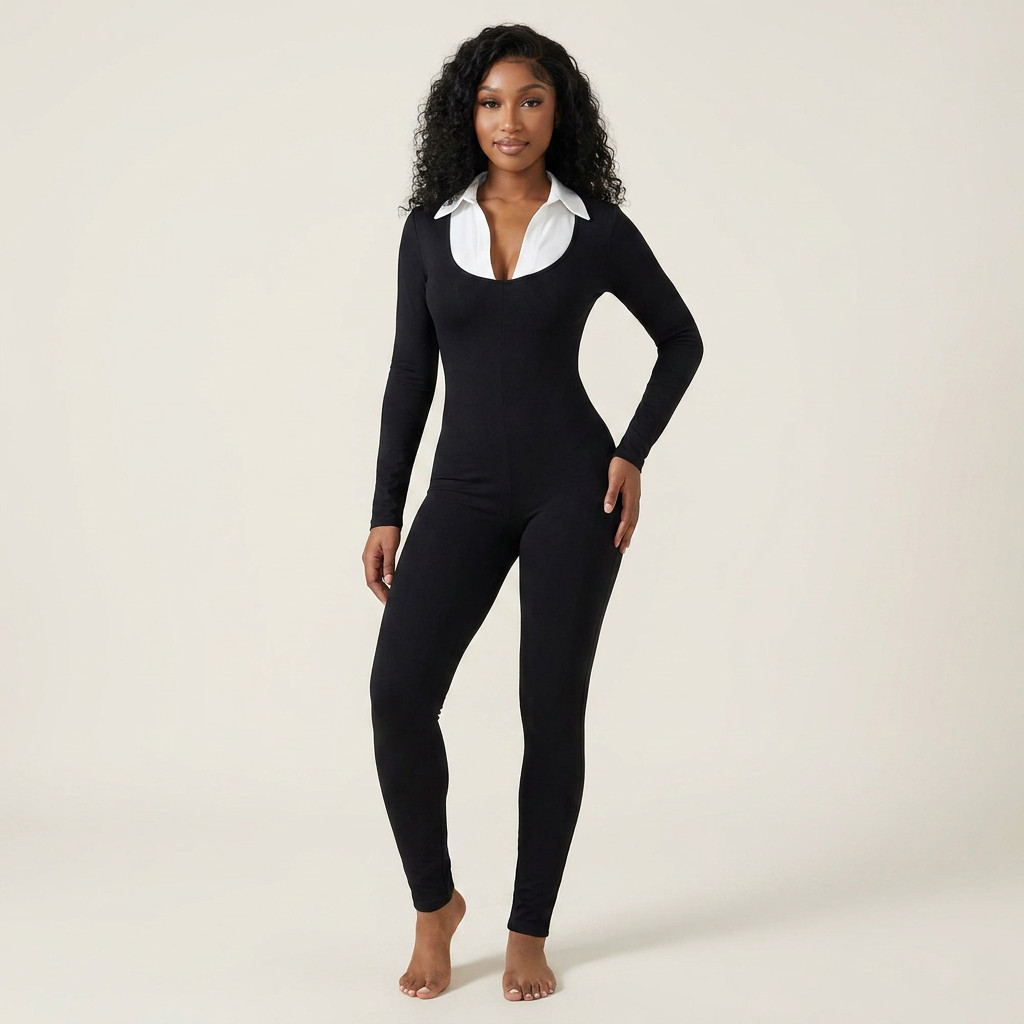 Sleek Contrast Collar Catsuit Jumpsuit