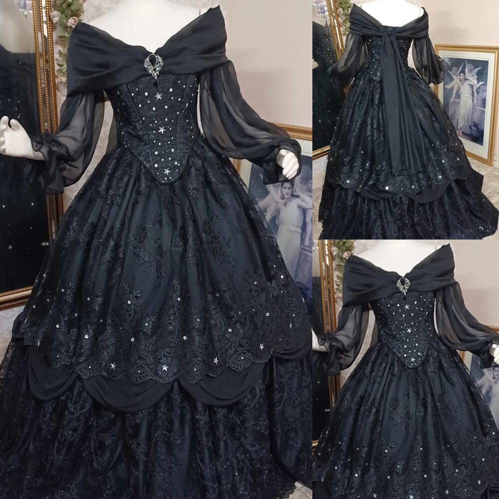 Vintage Gothic Black Evening Dresses Off the Shoulder Long Sleeves Party Gowns
