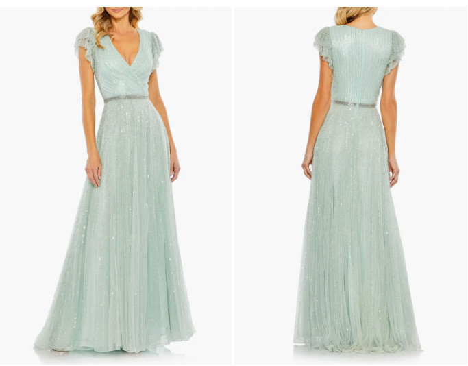 MAC DUGGAL 5502 SEQUINED WRAP OVER RUFFLED CAP SLEEVE SEAMIST GOWN sz 2