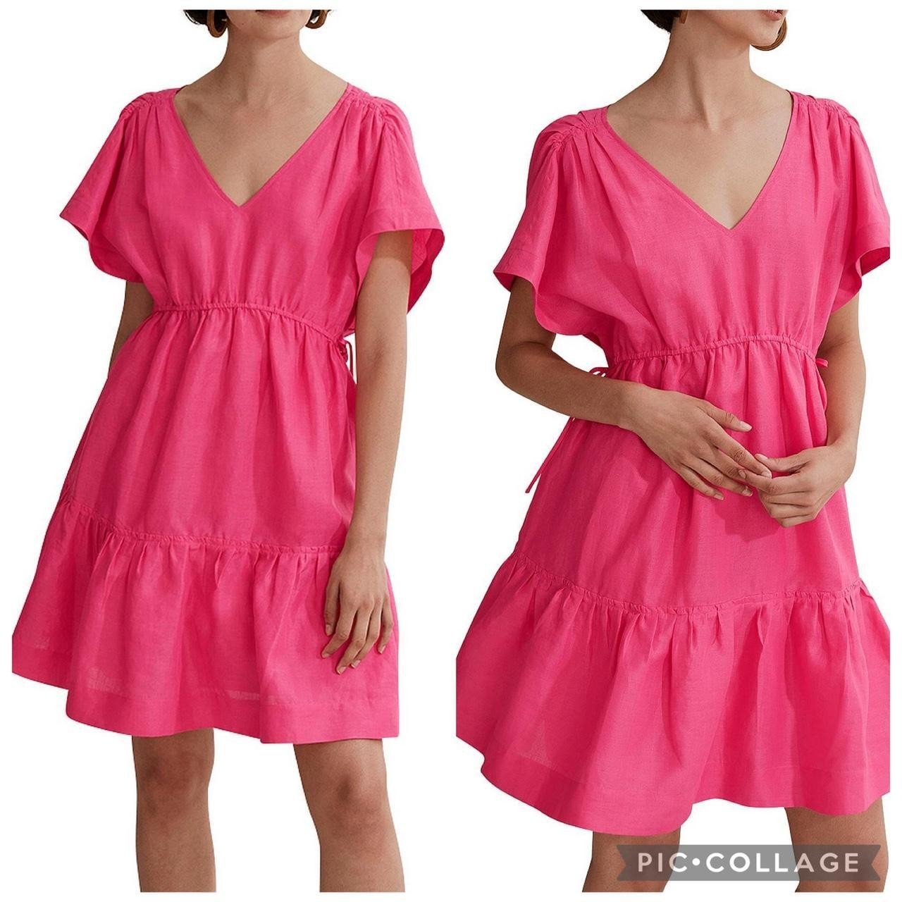 Country Road Pink Ruched Tie Mini Dress Ramie Cotton Size 16 V Neck Pockets