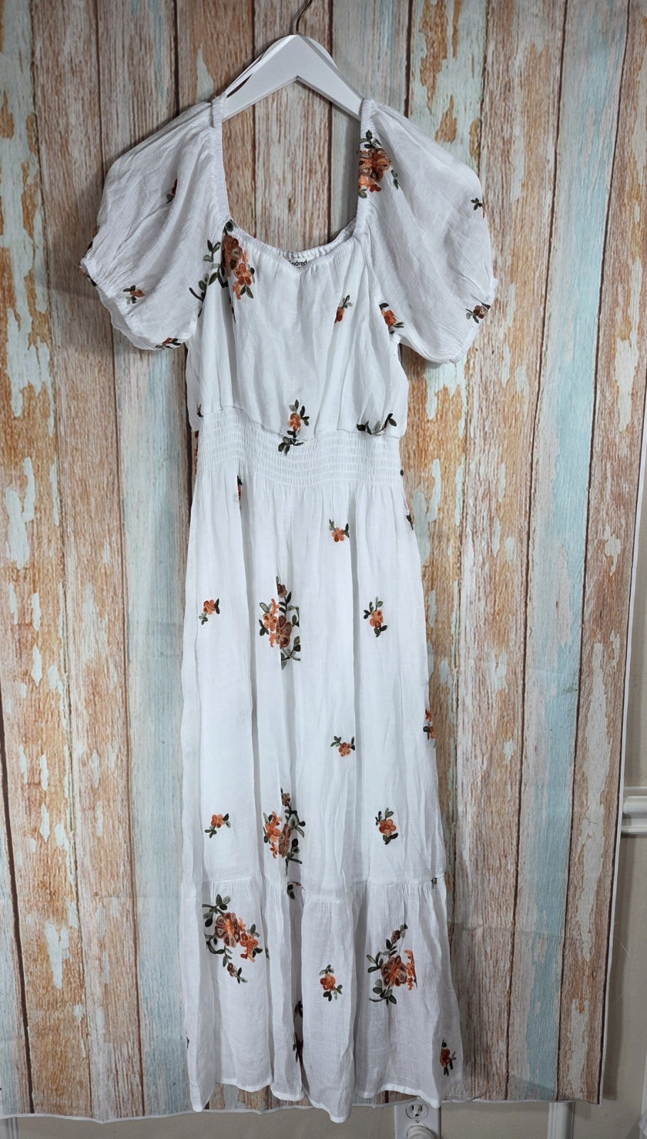 Kindred White Floral Embroidered Smocked Square Neck Maxi Dress Petite PXL