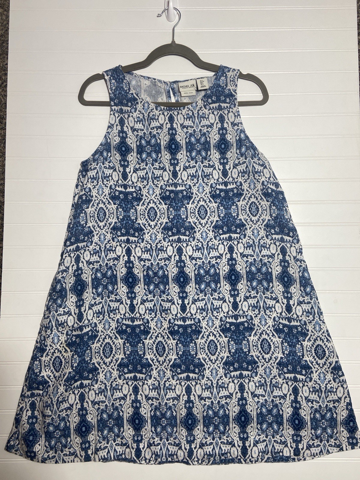 Rachel Zoe 100% Linen Trapeze Dress size M Blue White Geometric Print Pockets