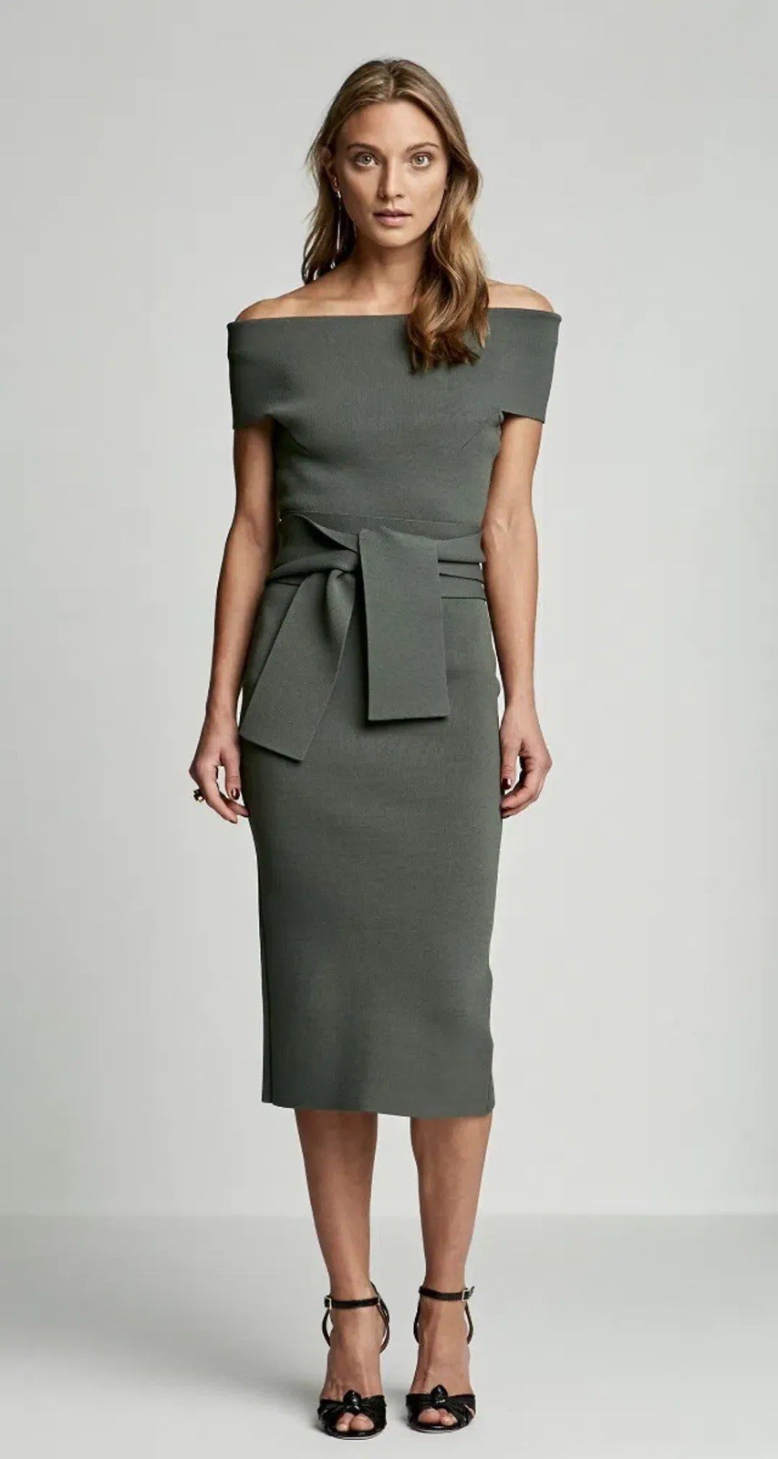 Scanlan Theodore NEW Dress Crepe Knit Size S Off Shoulder w Belt Khaki / Green