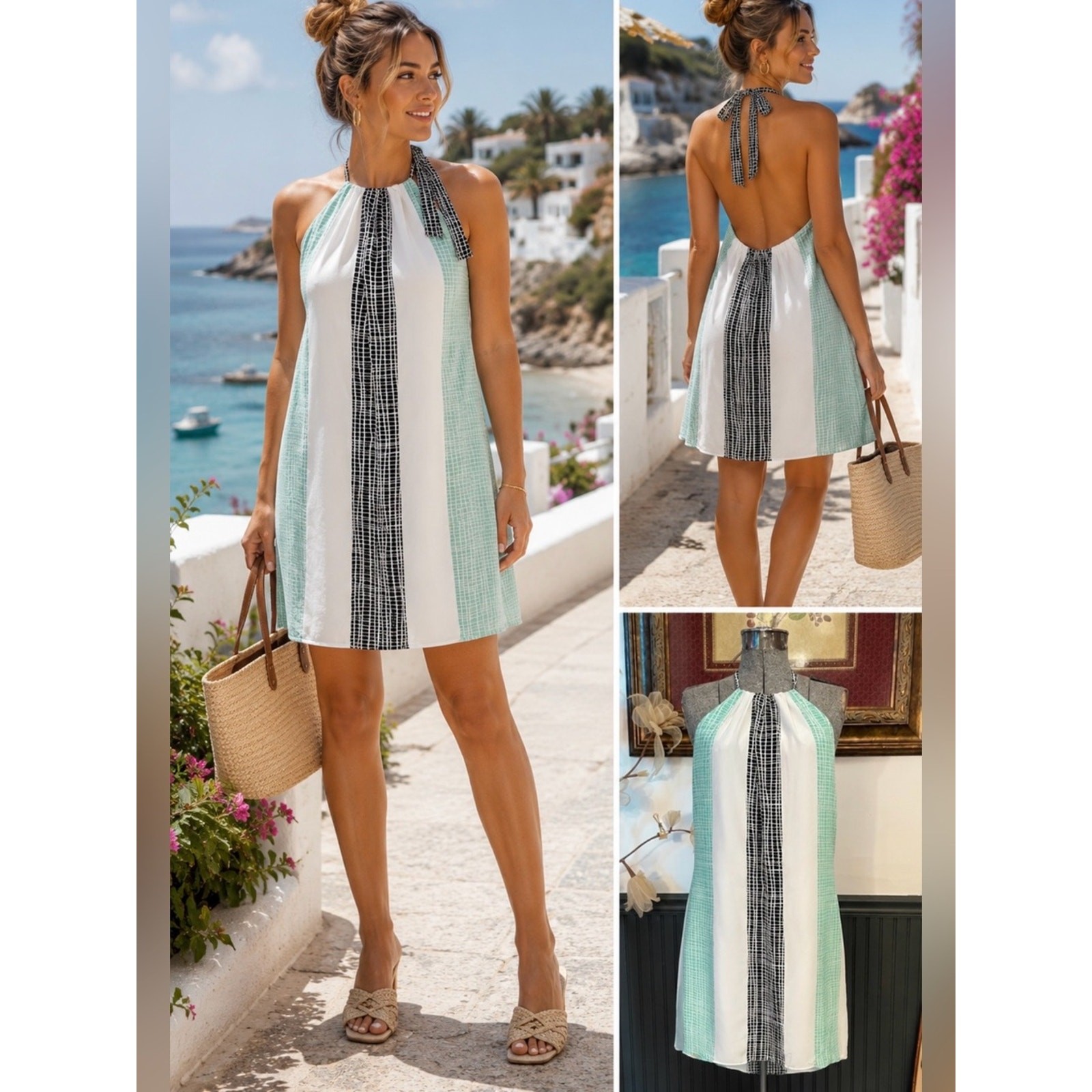 NWT Leona Lauren Leonard Devan Silk Colorblock Halter Open Back Dress Sz 6 💚🎀