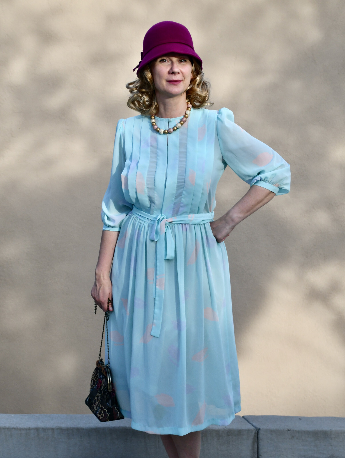 Jonathan Martin Vintage Sheer Pastel Dress Sz 9/10 Magenta Cloche Hat