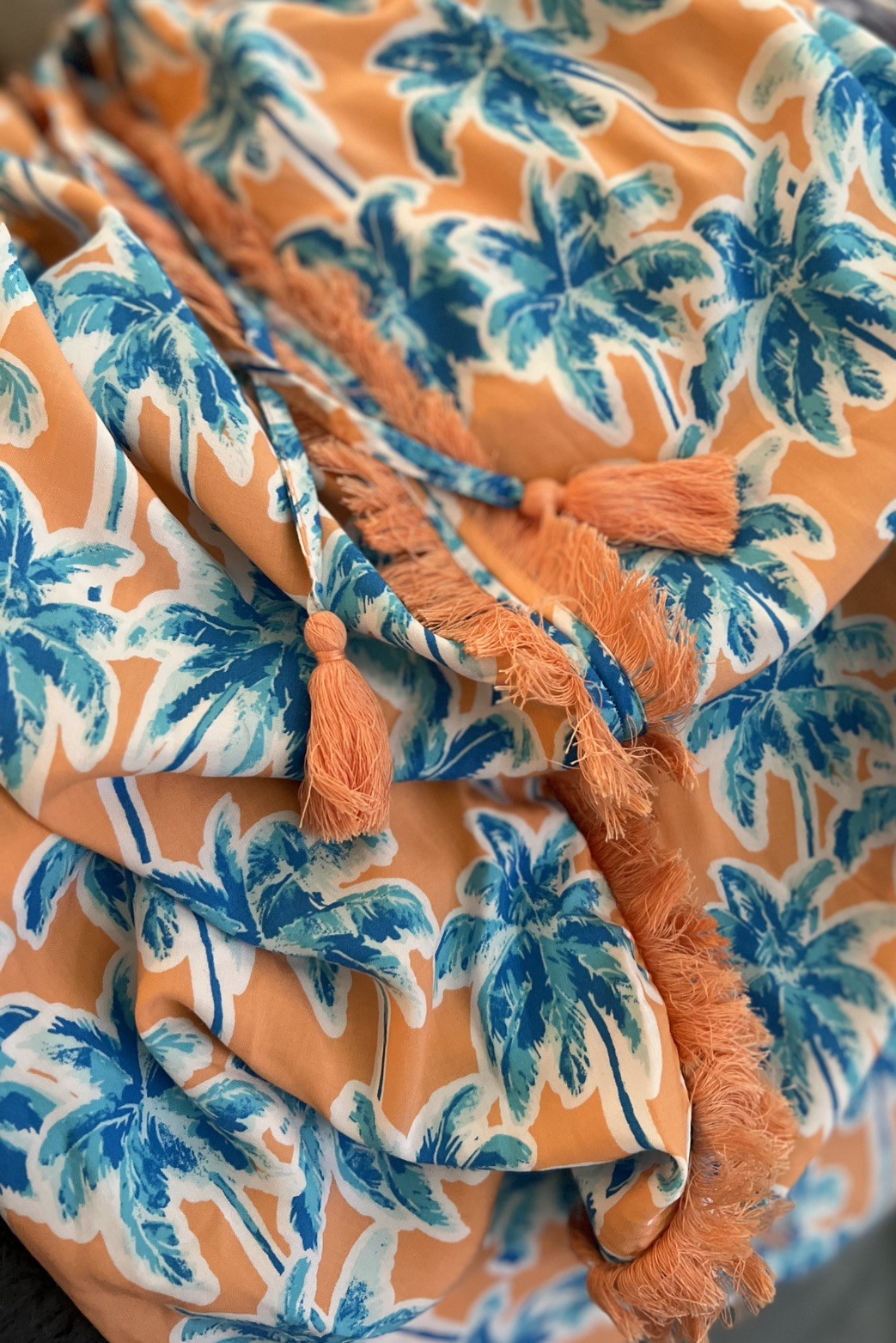 Crown & Ivy Orange/Peach Sleeveless Fringe l Palm Tree Printed Dress, M