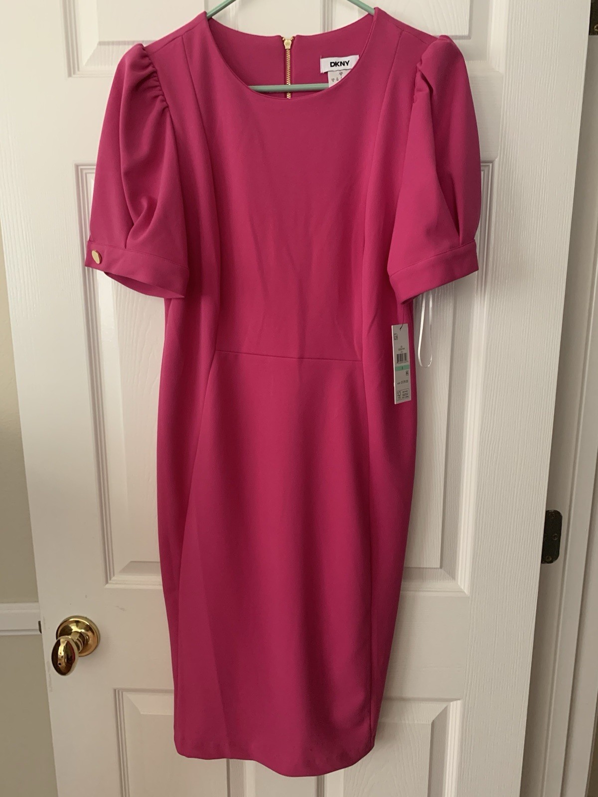 NWT DKNY Shift Dress: Pink, Crewneck, Short Puff Sleeves with Golden Buttons, 8