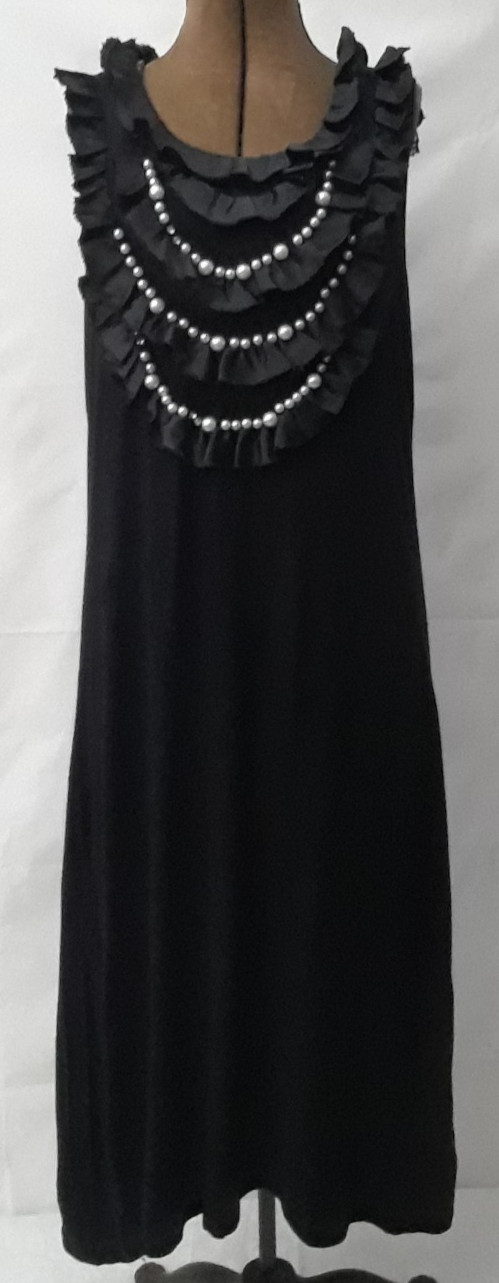 SHARAGANO Women Size 10 Black Rayon Dress Embellished with Pearls & Ragged Trim