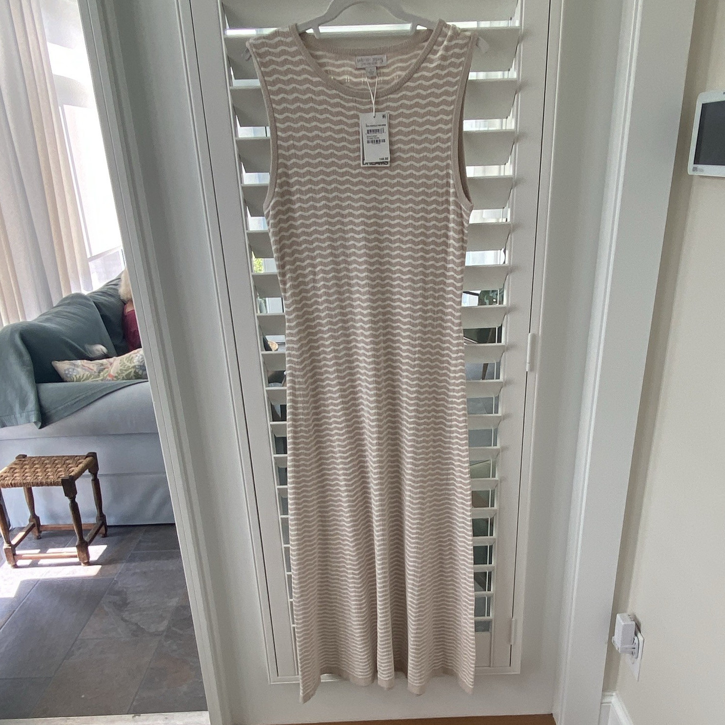 Barefoot Dreams Beige/White Long Maxi Tank Dress Pointelle Chevron Knit L