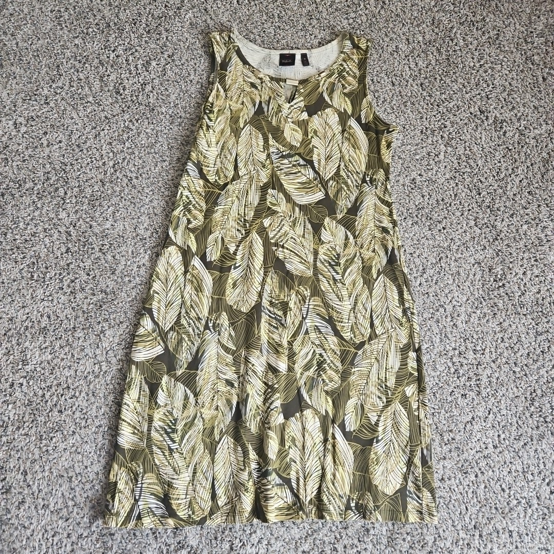 Rafaella Women’s Sleeveless Dress, Tan Green Leaf Print, Sz Medium