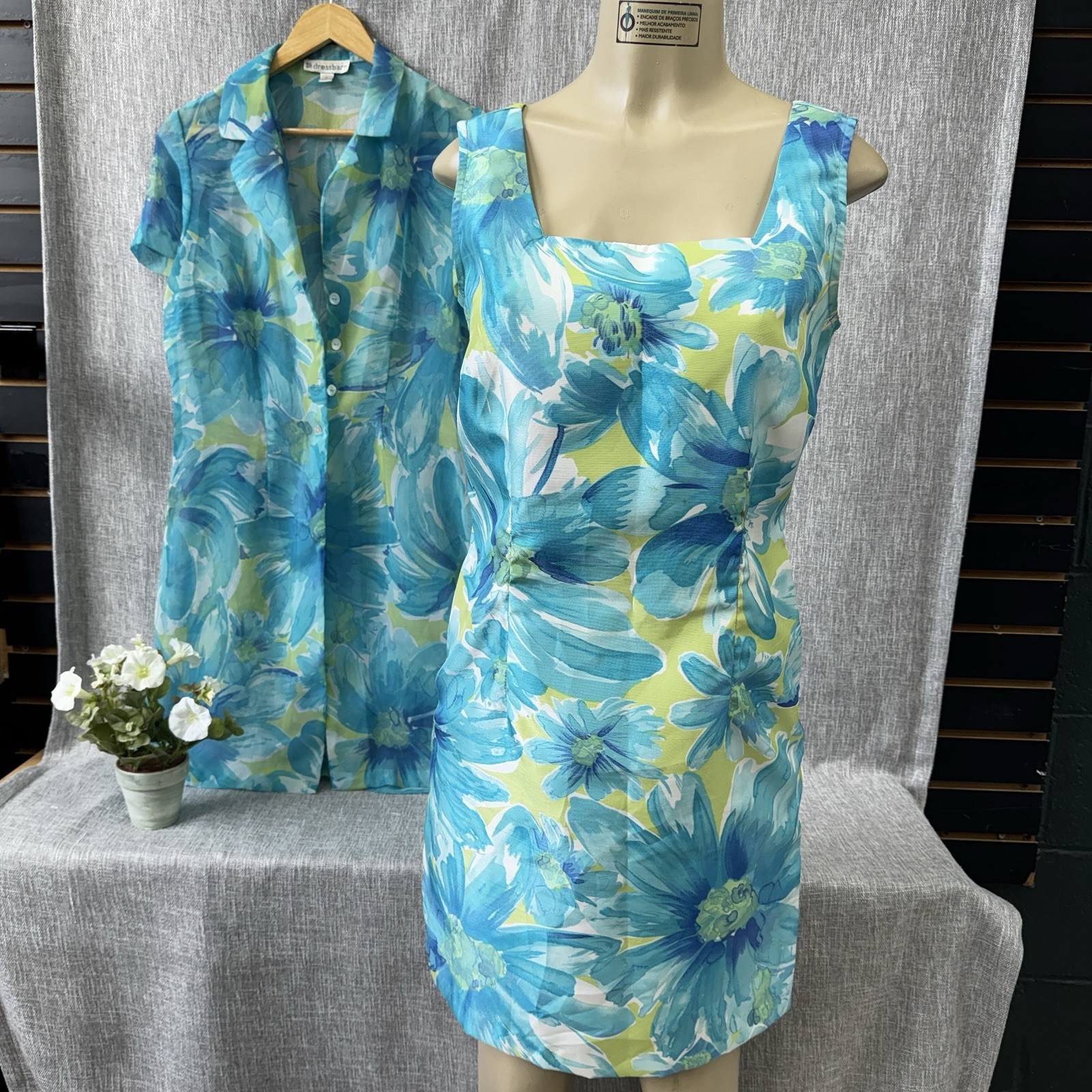 Dressbarn Women’s Size 8 Teal Floral Sheath Dress & Sheer Long Jacket 2-in-1 Set