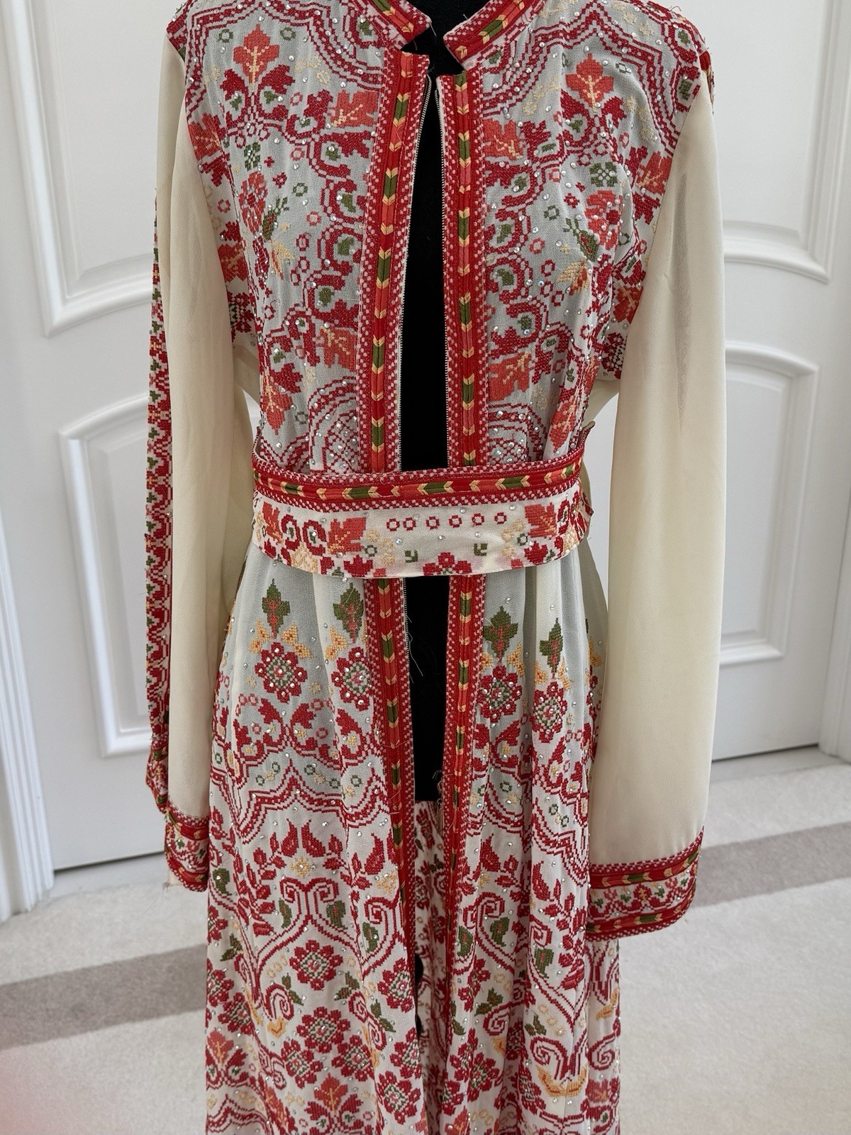 White Red Green Bohemian Maxi Dress One Size Tie Neck Belted Embroidered