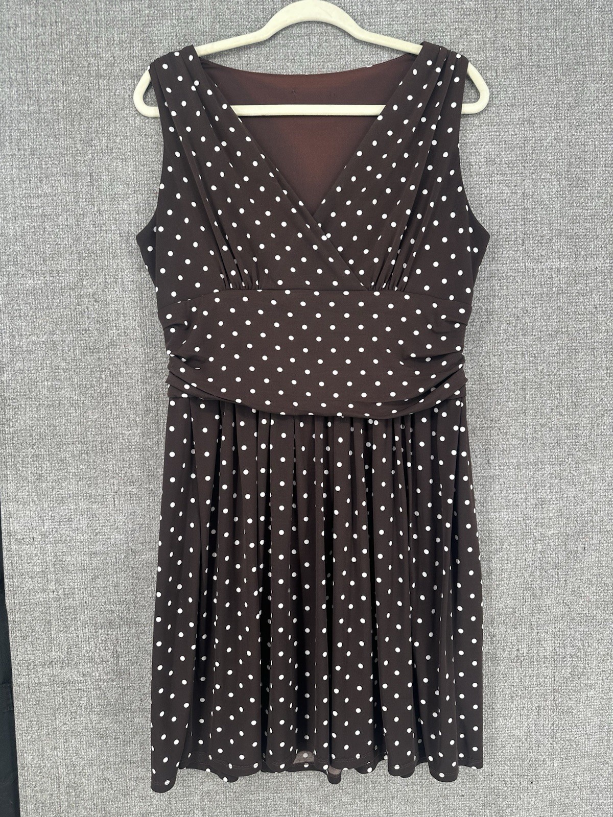 Brown & White Polka Dot A-Line Dress L Regular Sleeveless V-Neck Lined