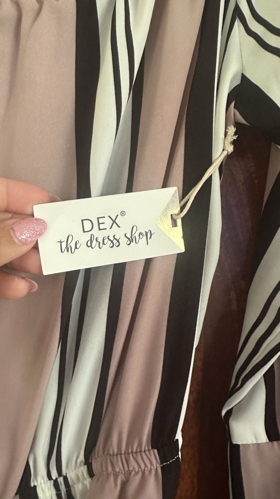 DEX Striped Off Shoulder A-Line Short Dress L Belted Tie Waist Pink Black