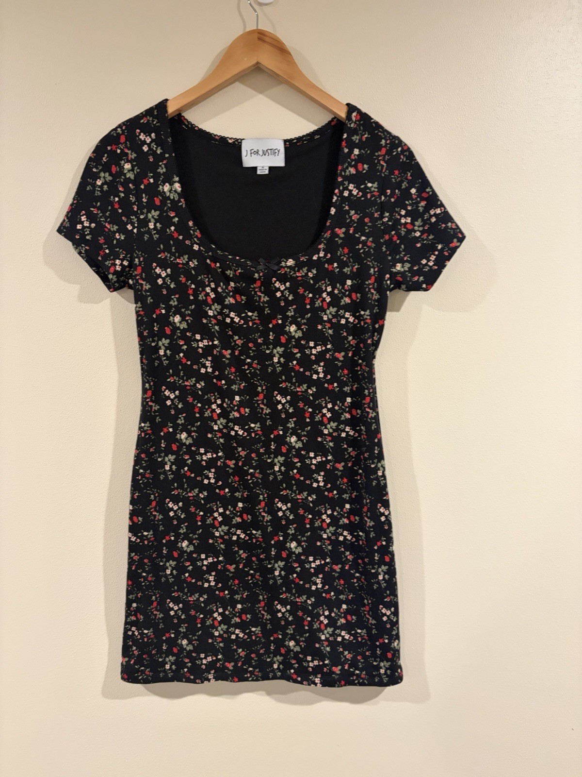 J For Justify Y2K ditsy Black floral ribbed square neck bow dress XL