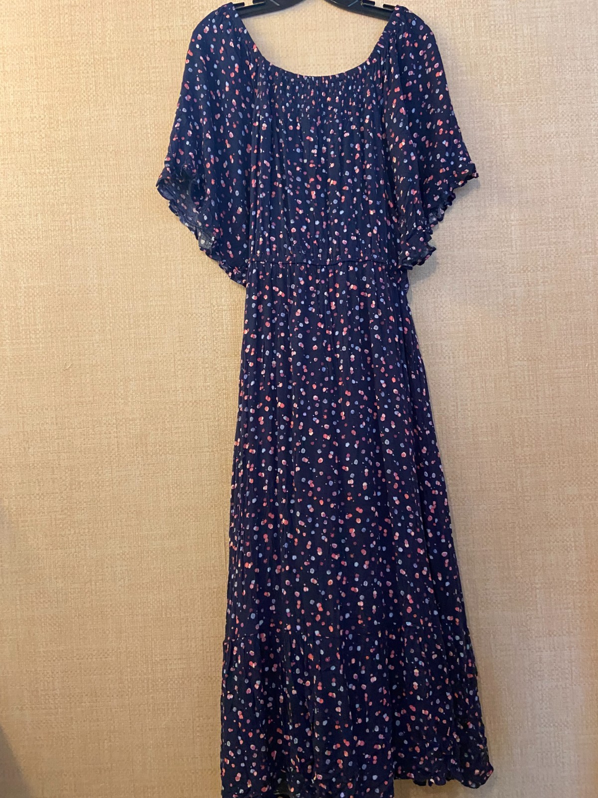 Studio B by Bobeau flutter sleeve maxi dress size L blue w/geometric dot print
