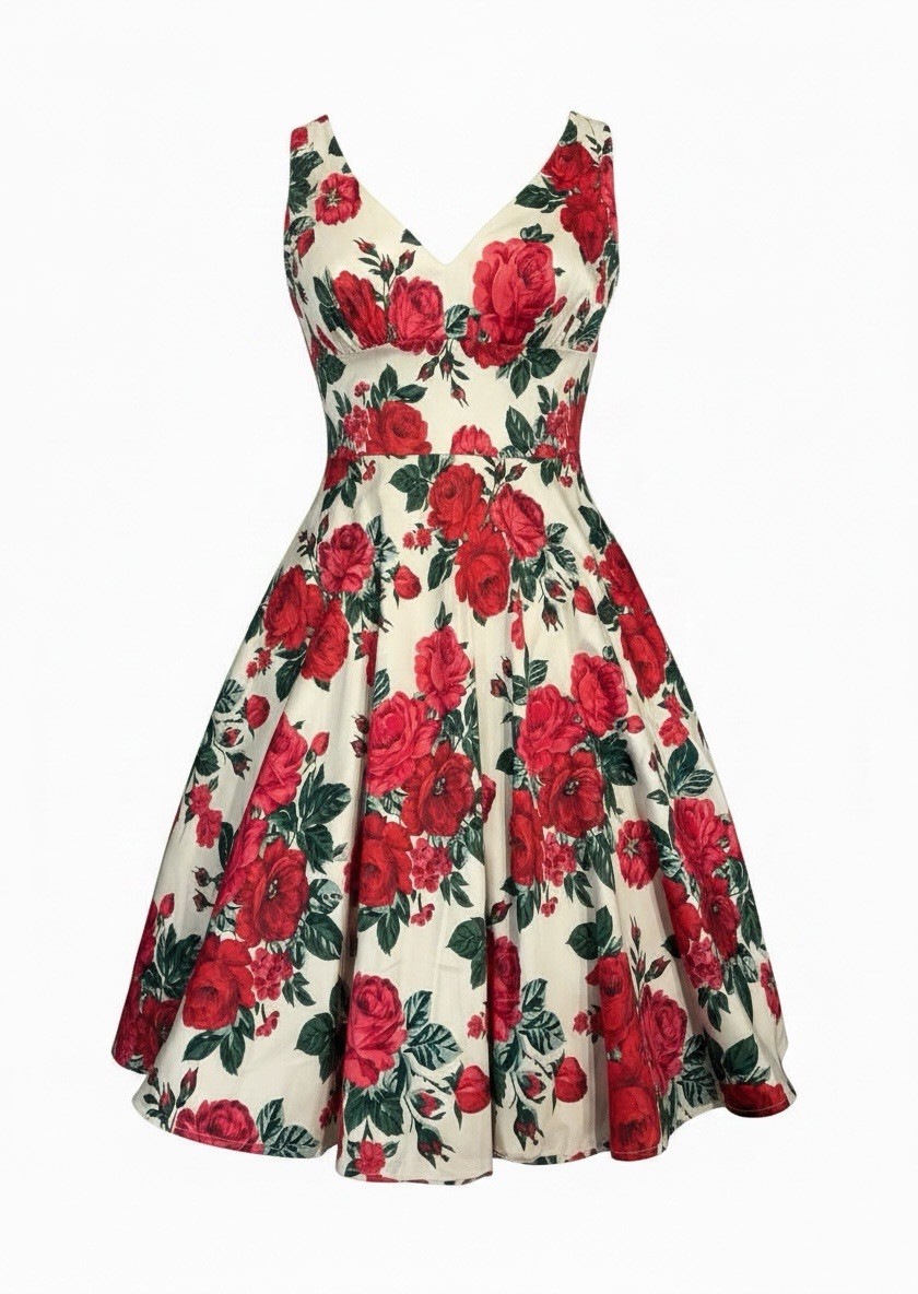 NWT: Tatyana White Midi Dress with Red Rose Print Pinup 40’s/50’s Fit and Flare