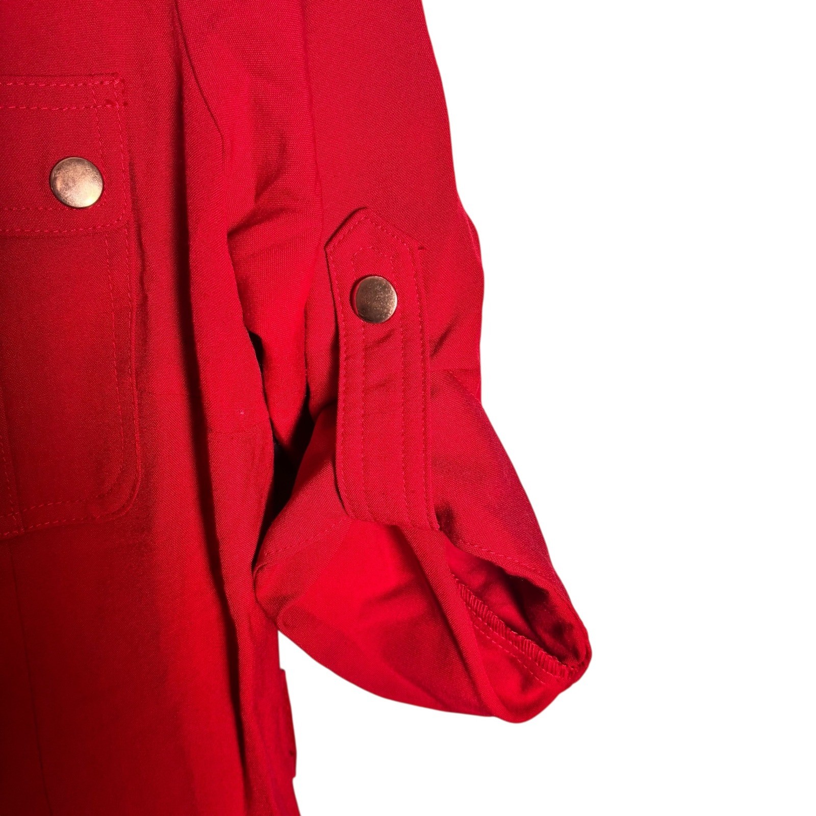SHARAGANO Red Utility Zip Front Shirt Dress Roll Tab Sleeves Pockets Size 10