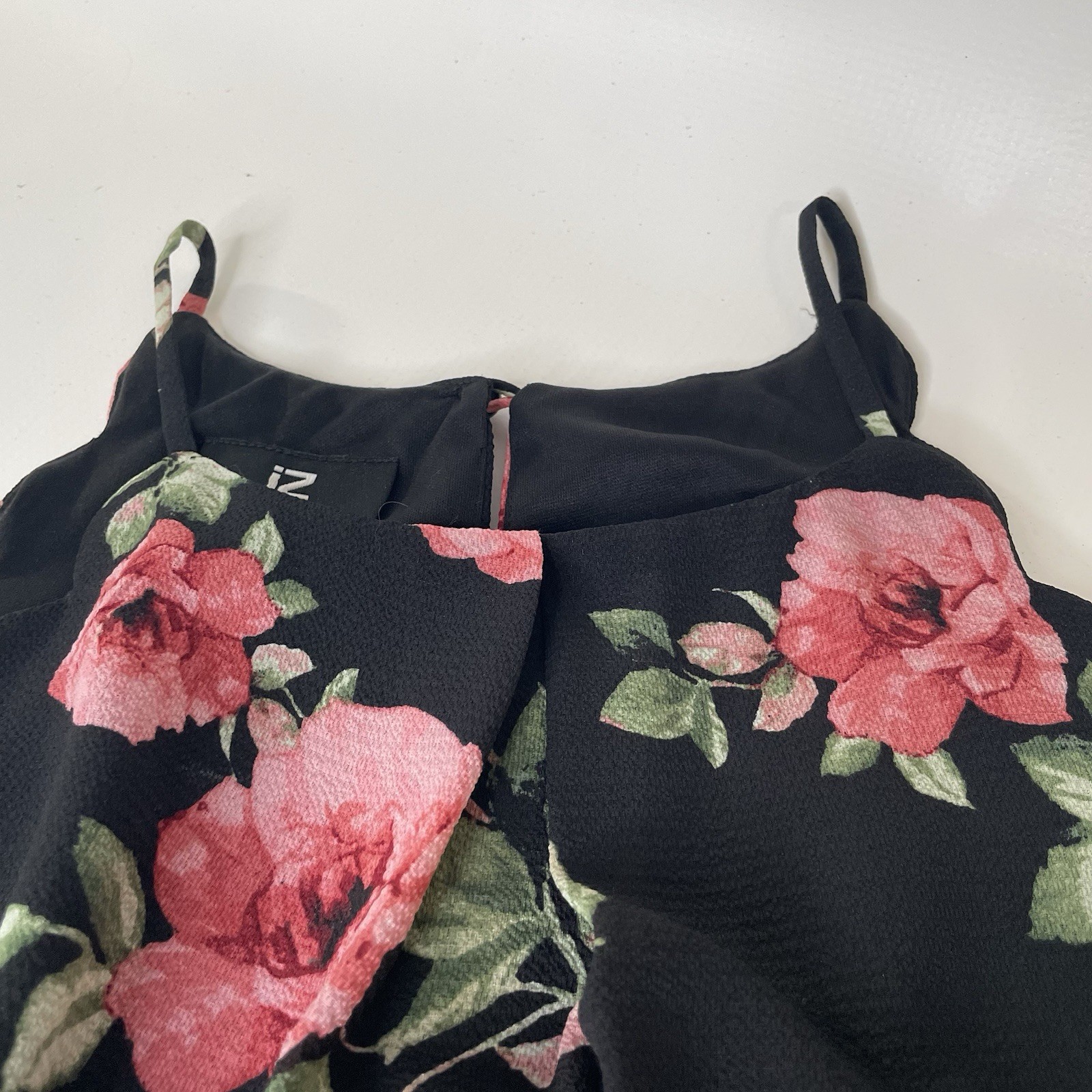 IZ Byer Women’s Size M Black Pink Green Floral Chiffon V-Neck Midi Dress