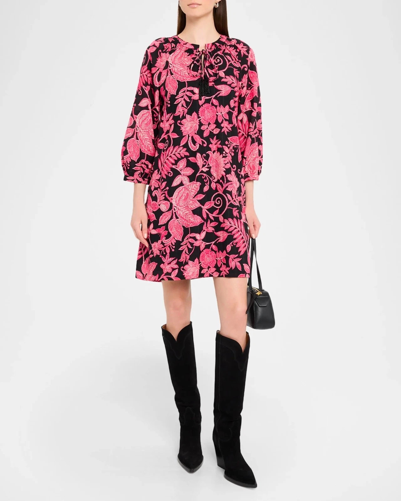 $248 JOHNNY WAS SZ L ALYCIA BEADED TASSEL DRESS LEAF PRINT w/ SLIP B:43″ L:39″