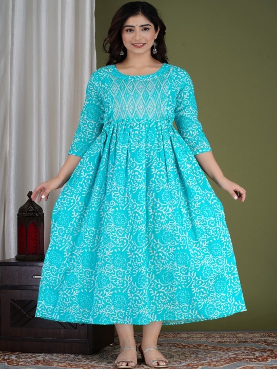 Handmade Floral Cotton Maternity Dress : Nursing Friendly Gown With Side Zipper