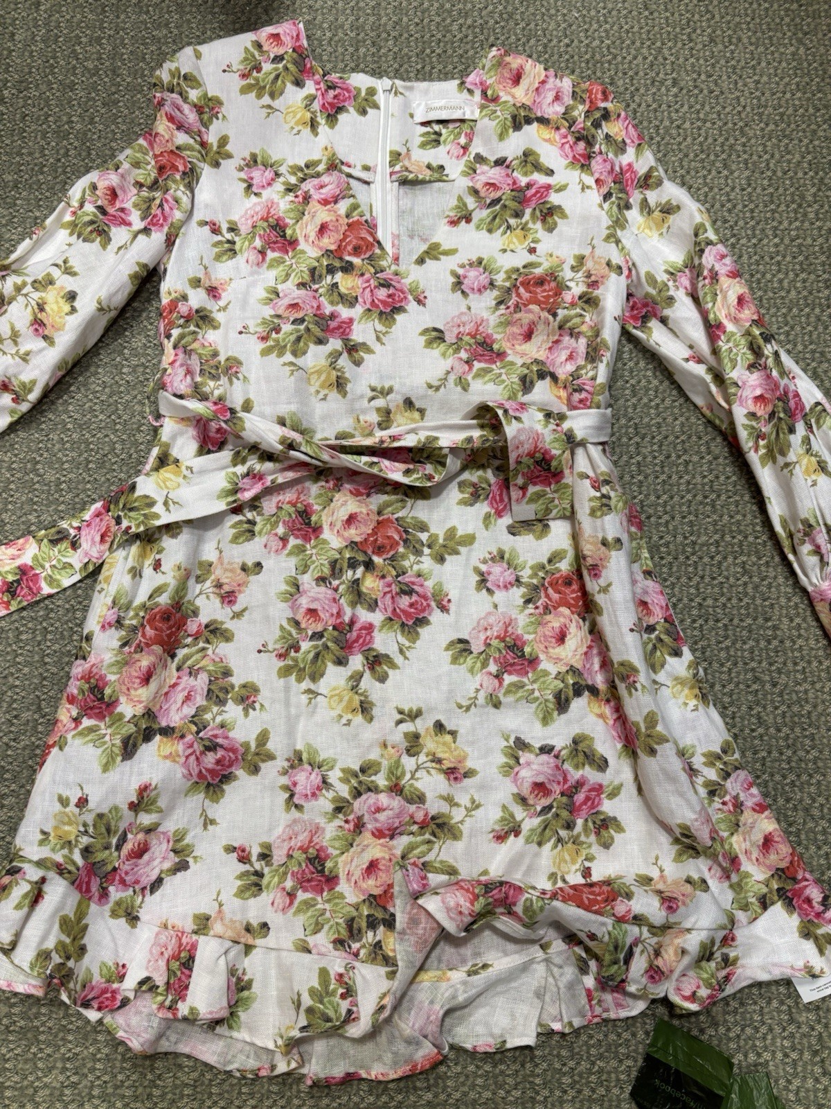 Zimmermann Mini Dress | Floral | Size 0 With Belt, Long Sleeve Deep V Neck