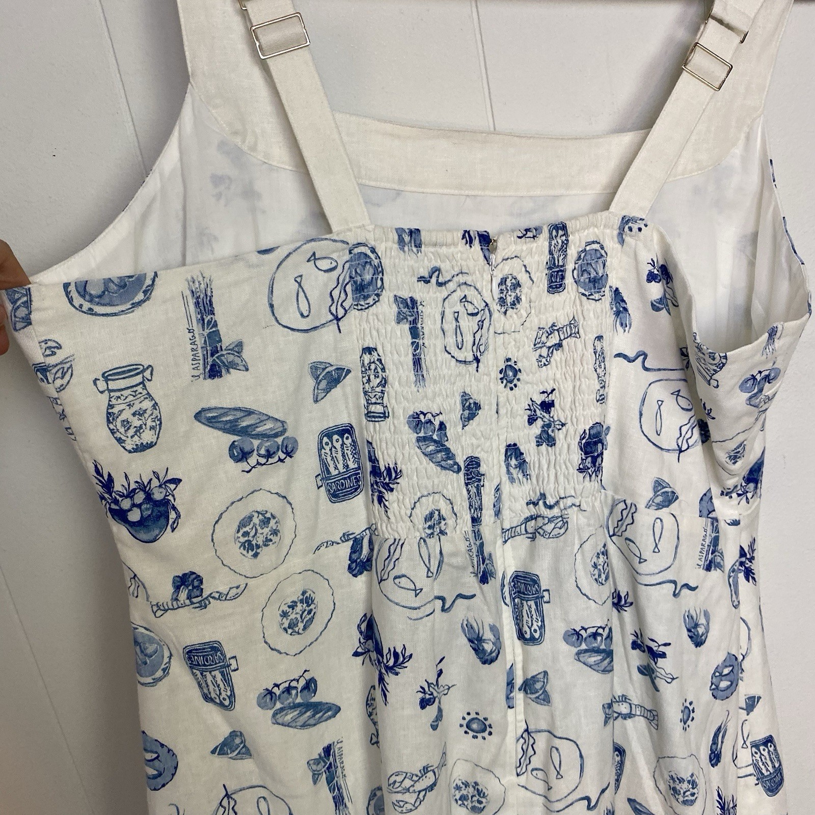Abercrombie & Fitch Linen cotton Wide Strap Printed Mini Dress XXLp white blue