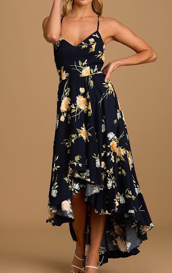 NWT Lulus Best Times Navy Blue Floral Print Lace-Up High-Low Maxi Dress Small