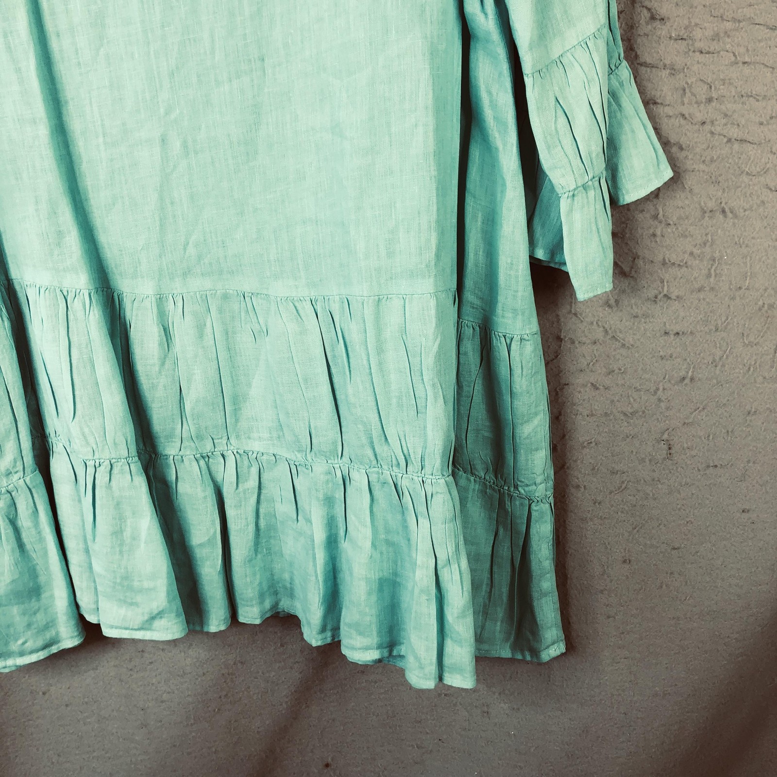 Camille & Co Dress Womens L Blue Linen Trapeze Swing Ruffle Hem Boho Feminine