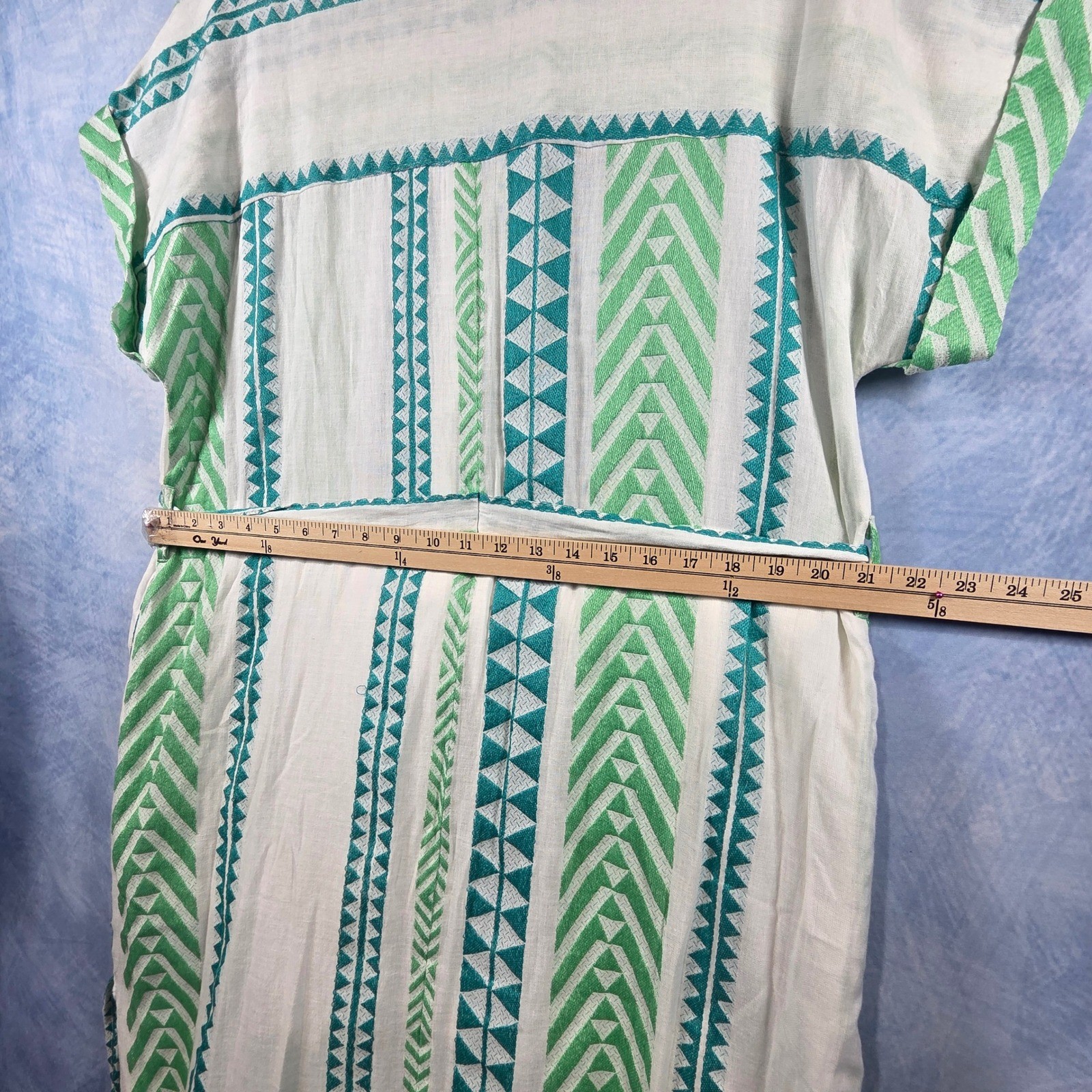 En Creme Green Geometric Aztec Print Midi Shirt Dress Belted NWT Size L