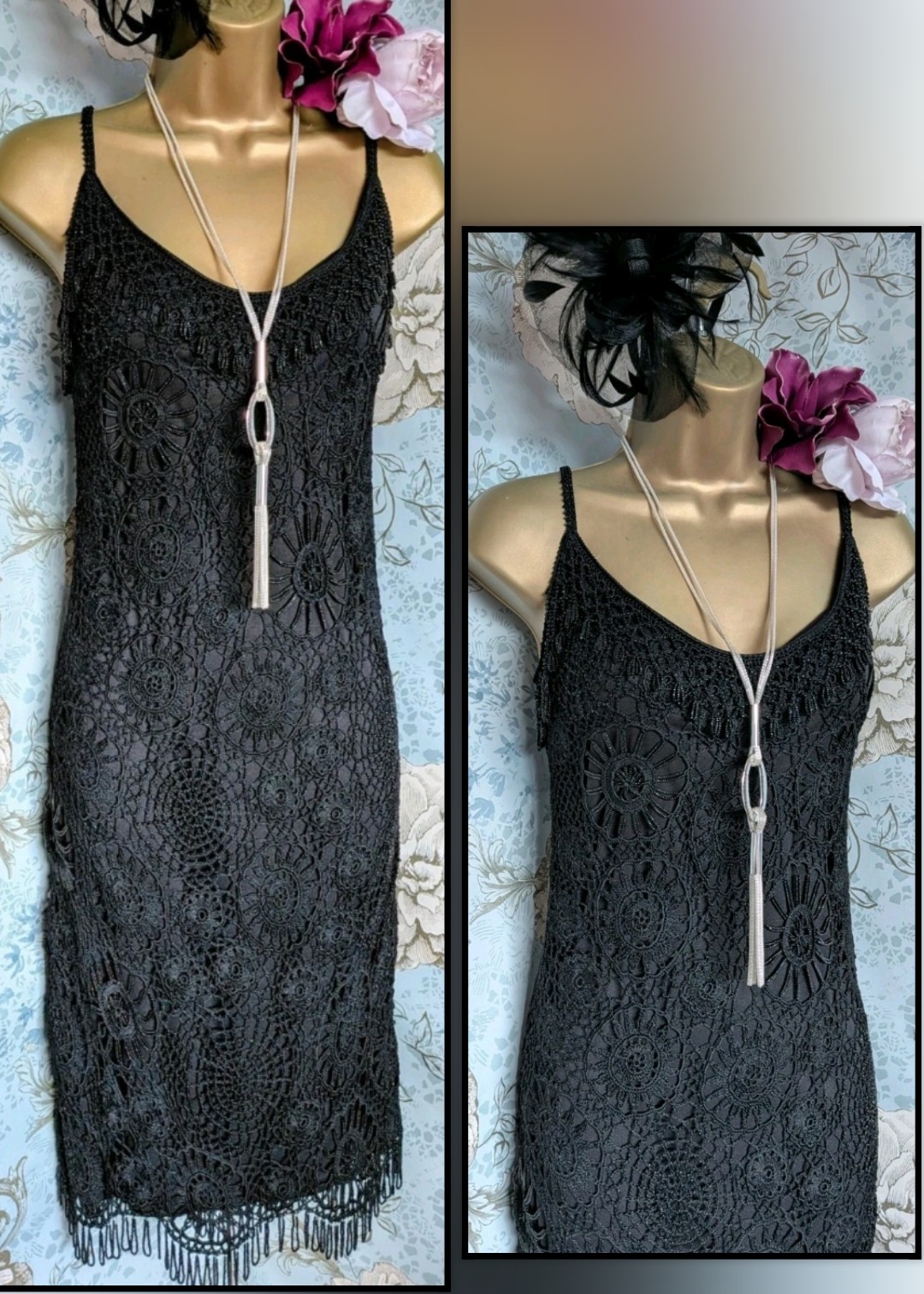 Star Julian Mcdonald Karen black 20s flapper vtg cobweb beaded crochet dress 8