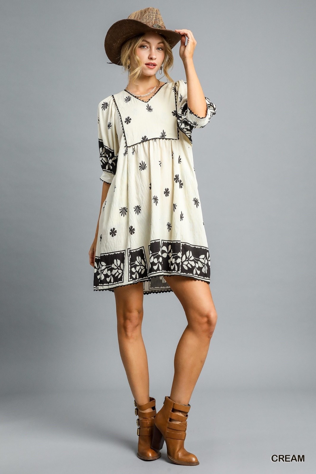 Umgee Floral V-Neck Short Sleeve Babydoll Mini Dress Women’s Small
