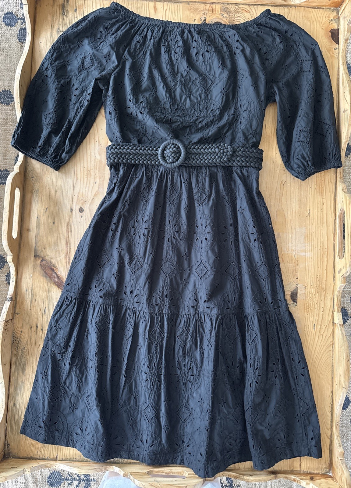 GAP Black Eyelet 2 Piece Dress Tiered Poplin Midi Skirt & Off Shoulder Top, L