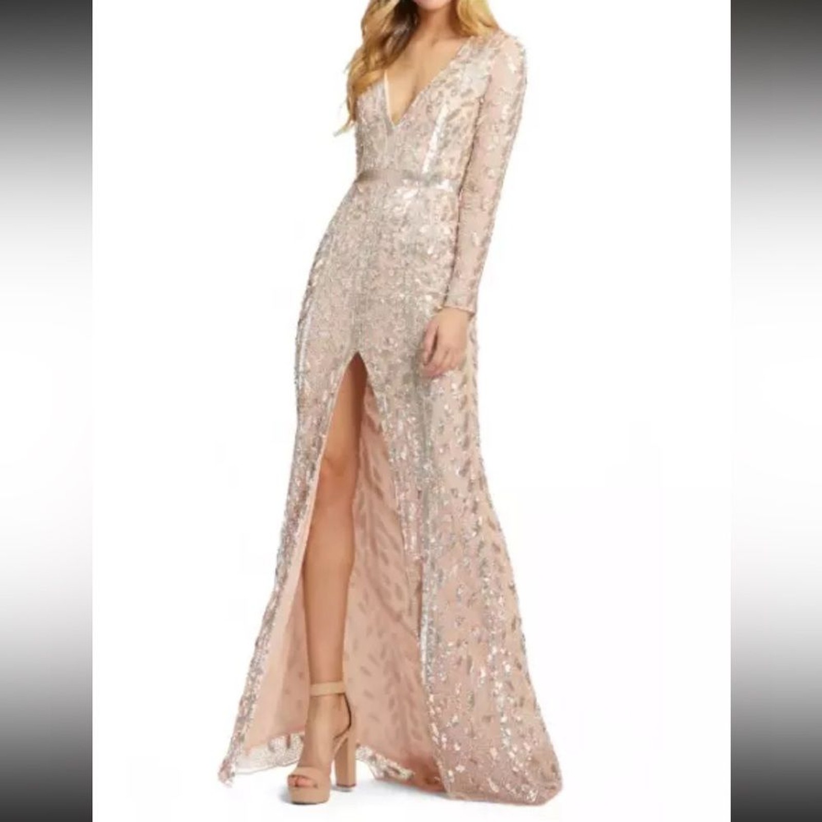 Mac Duggal Embellished Front Slit Long Sleeve Dress Rose Gold Gown Size 12
