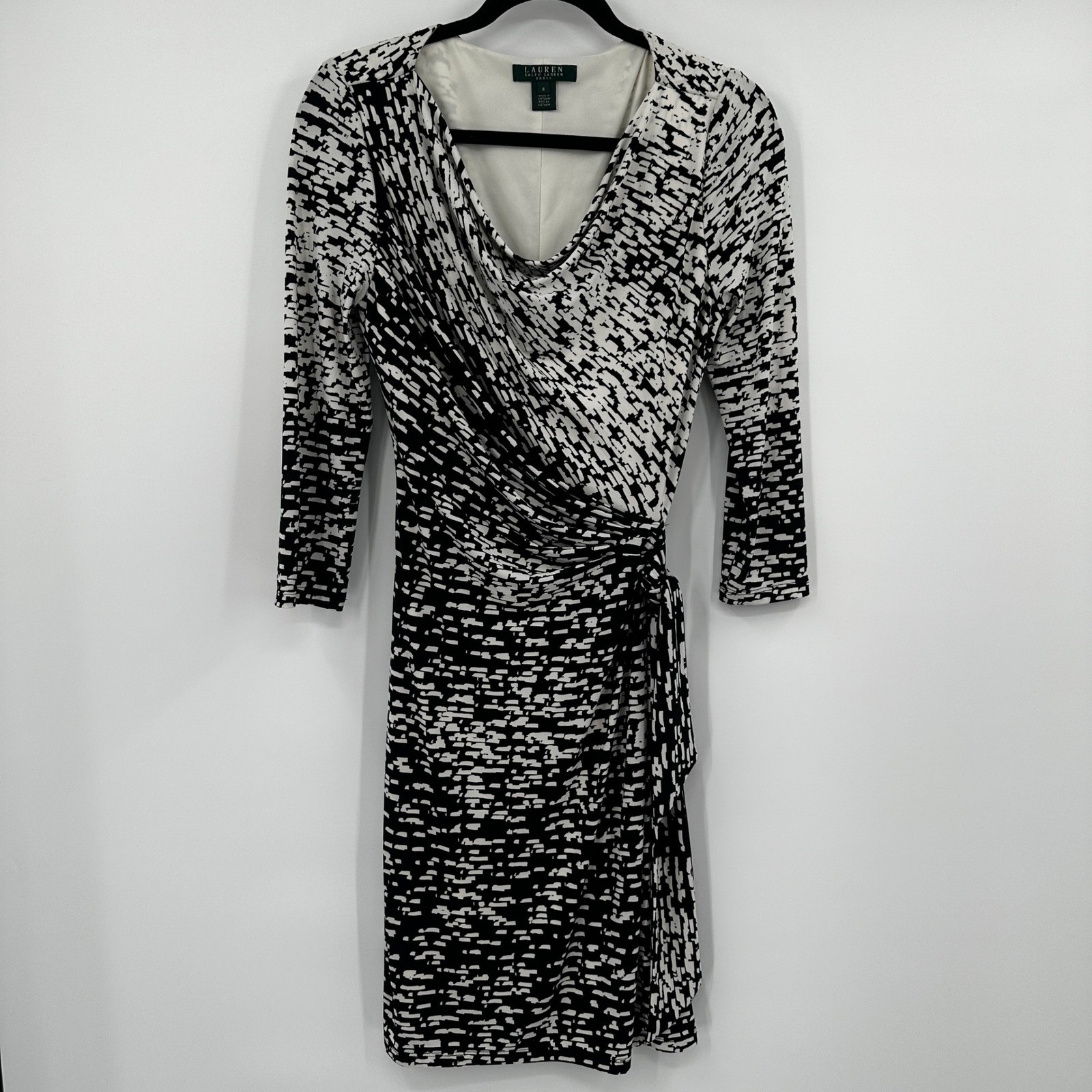 Lauren Ralph Lauren Black White Abstract Print Cowl Neck Wrap Dress Size 8