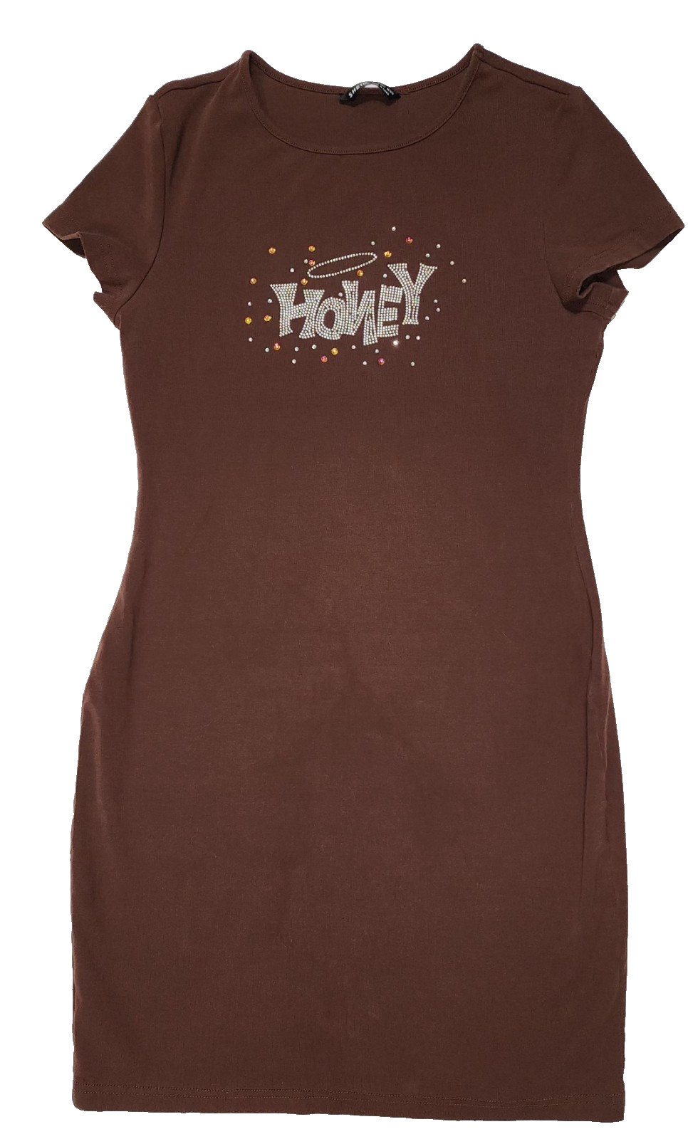Shein L Brown “Honey” blingy or rhinestone bodycon dress cap sleeve