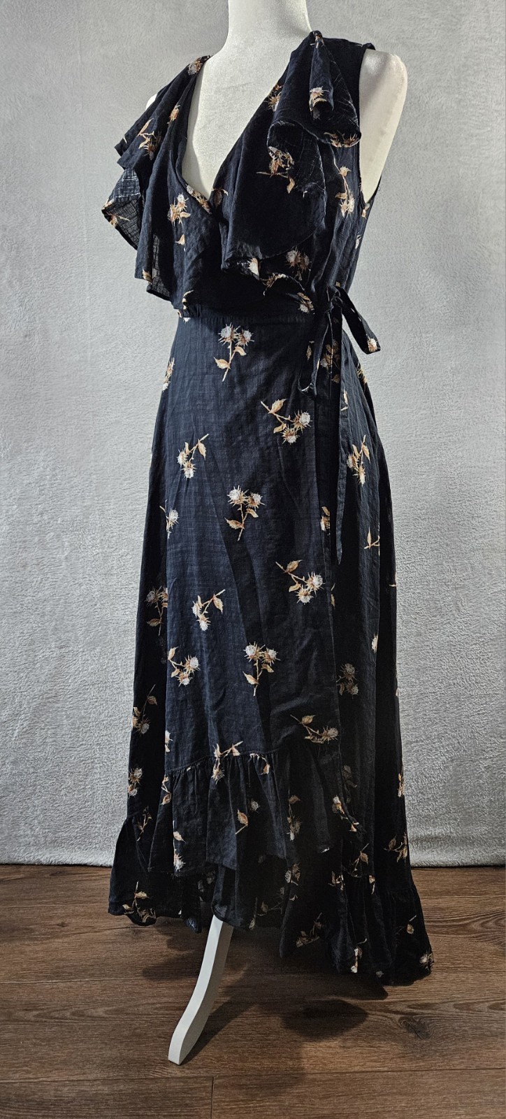 BP Maxi Dress Womens XXS Black Floral Sleeveless Ruffle Tie Front Waist Hi-Lo