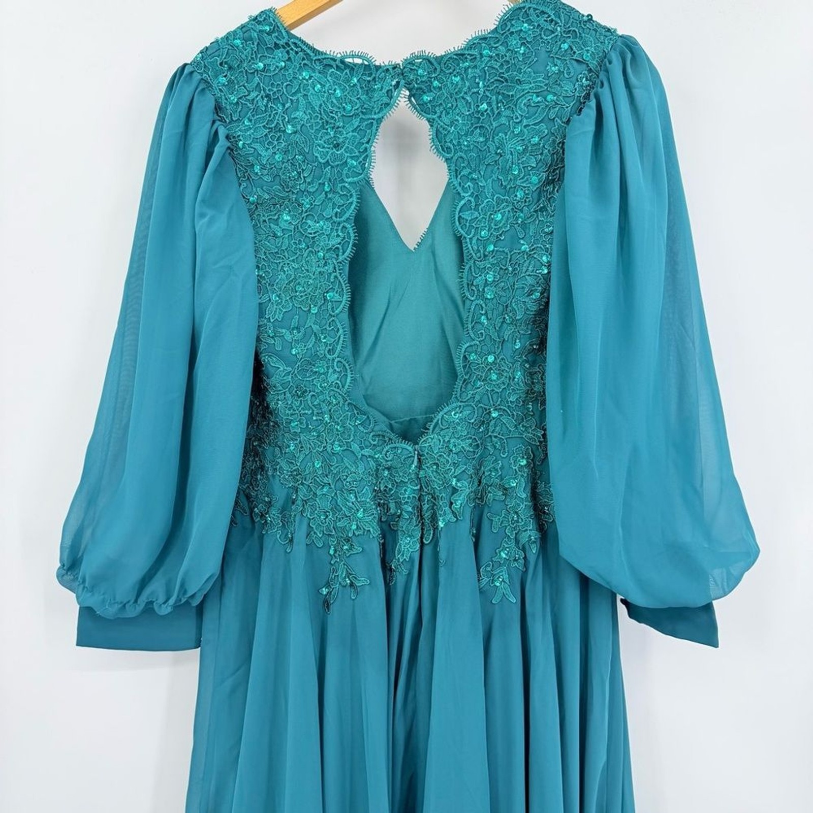 Stacees Teal Evening Wedding Gown with Mini Train Sparkly Bell Sleeve Size 10