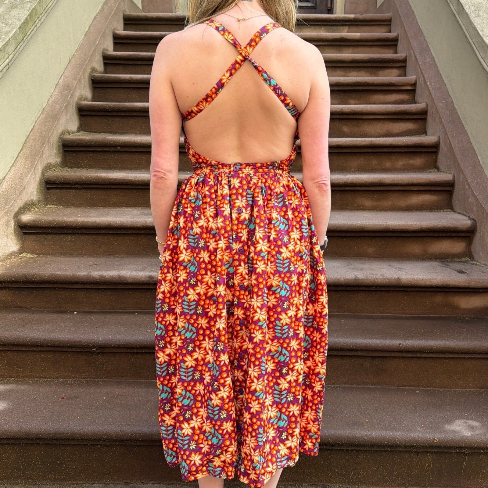 Retro Floral Halter Midi Dress Open Back Button Front Orange Purple Boho Summer