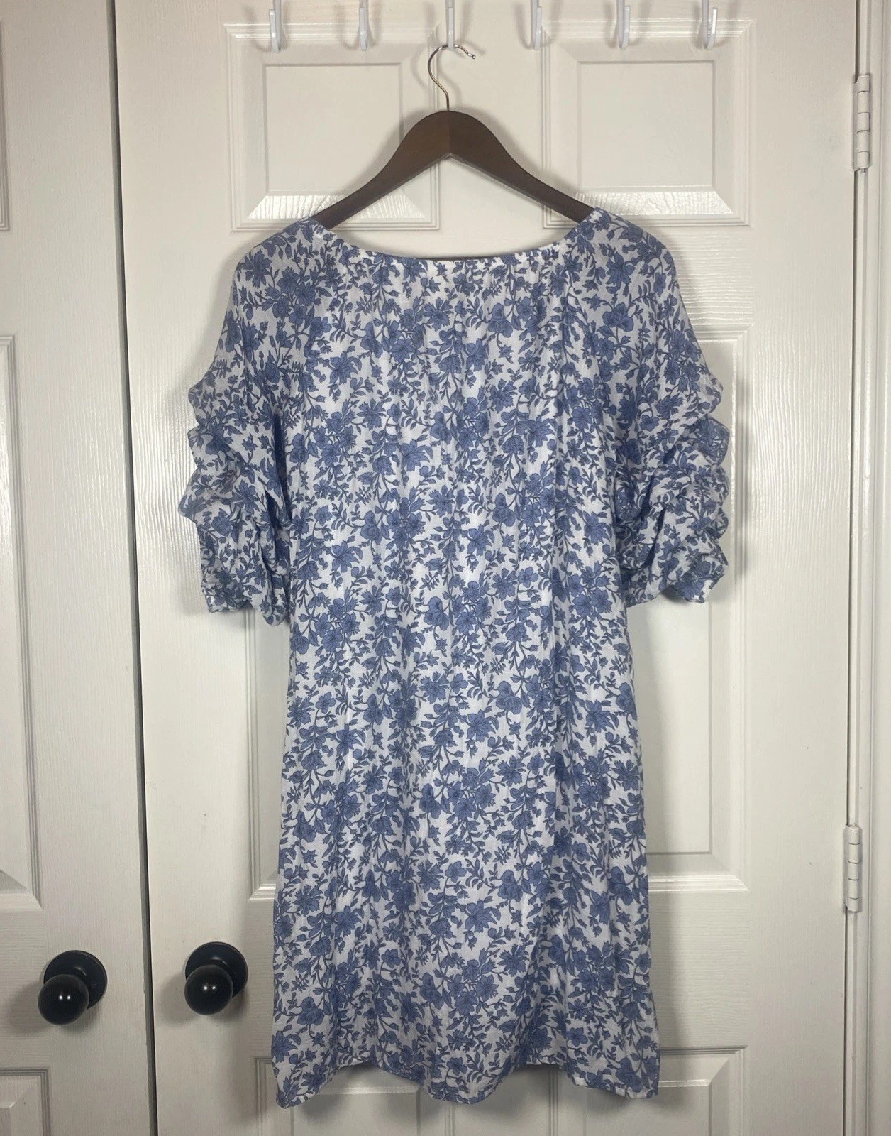Indigo Rose, Petite Small, Blue Floral Puff Sleeve Crinkle Dress Lined Midi Boho