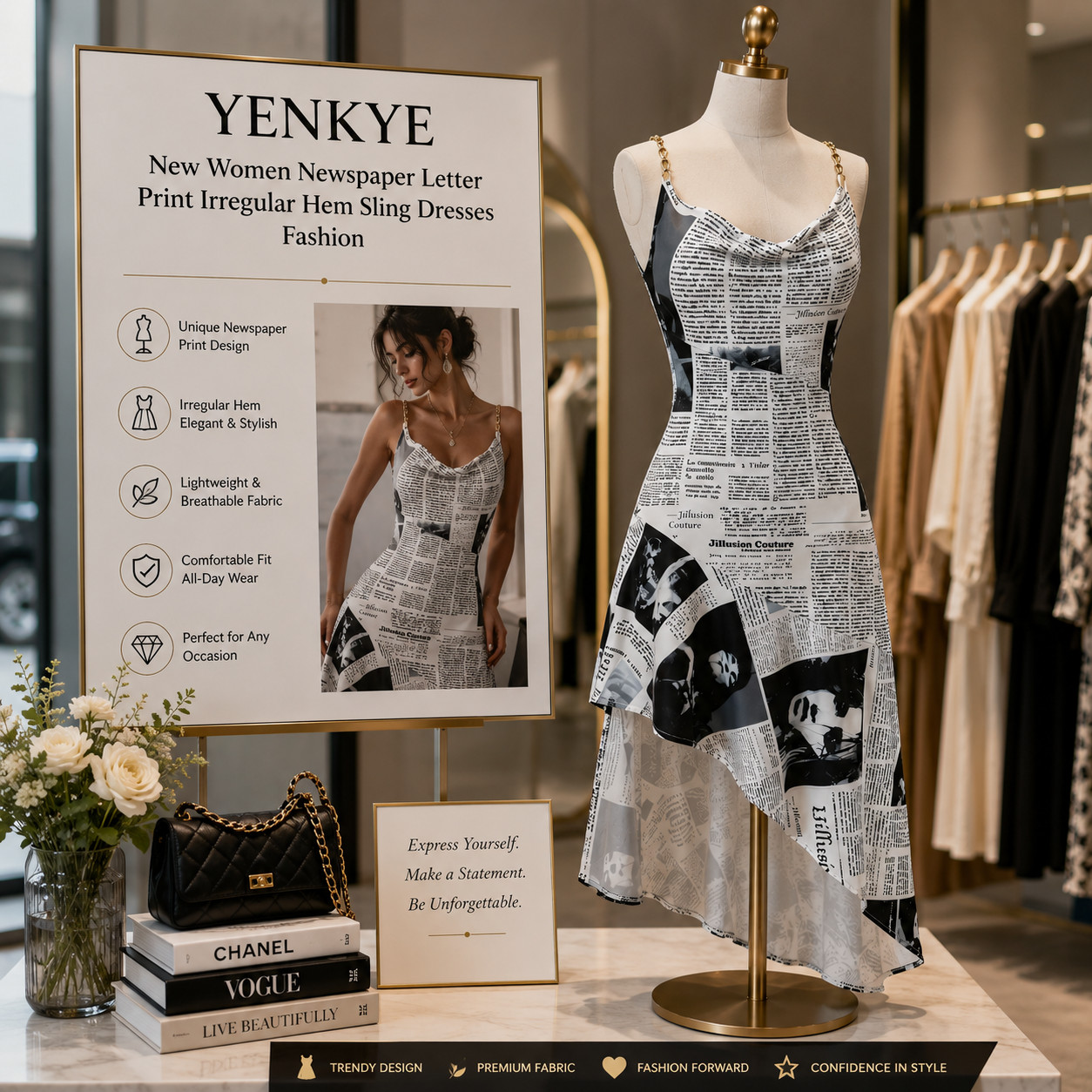 YENKYE New Women Newspaper Letter Print Irregular Hem Sling Dresses Fashion