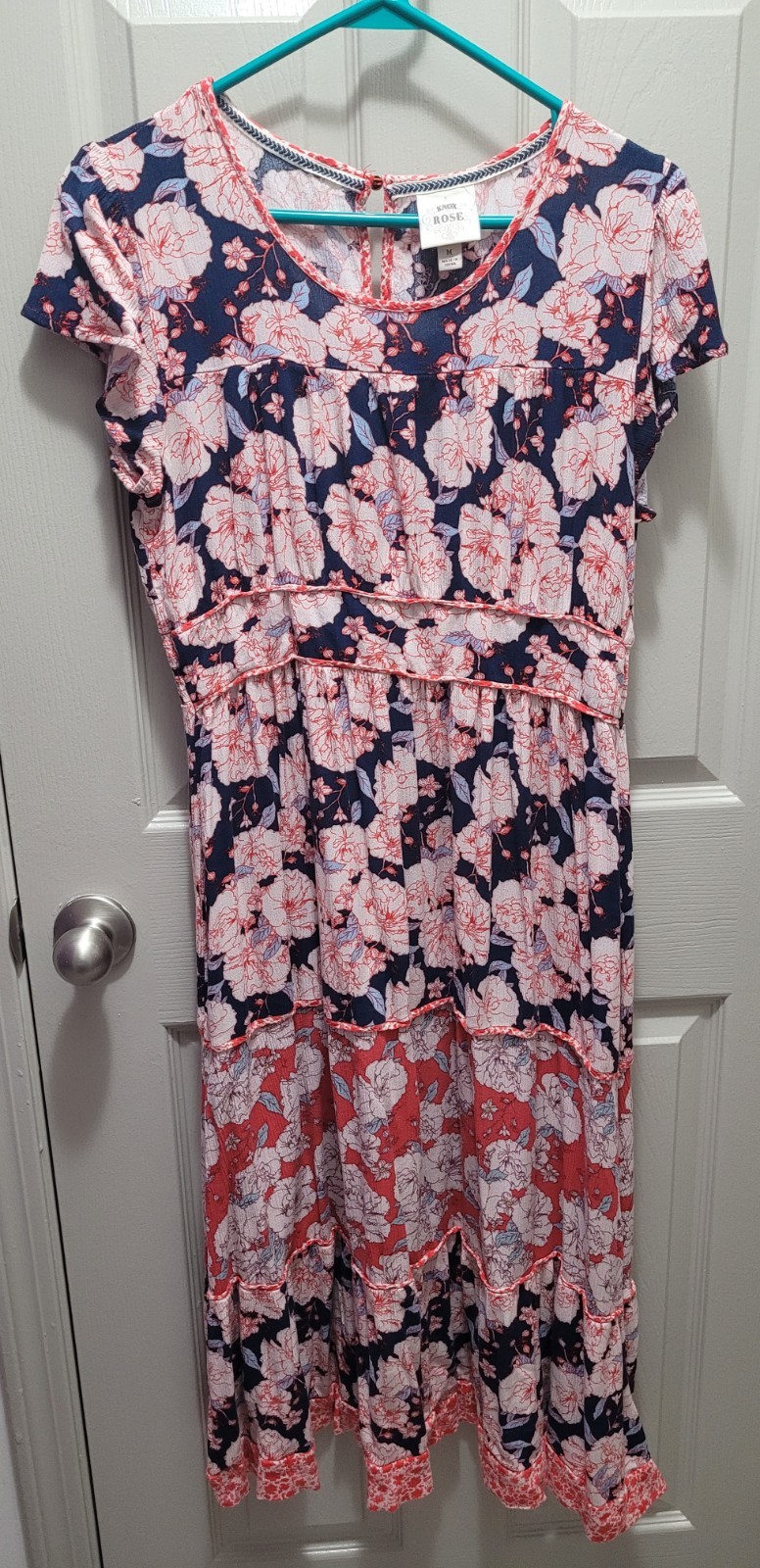 Knox Rose Red Blue Dress Womens SZ M Maxi Short Sleeve Floral Cottage Boho