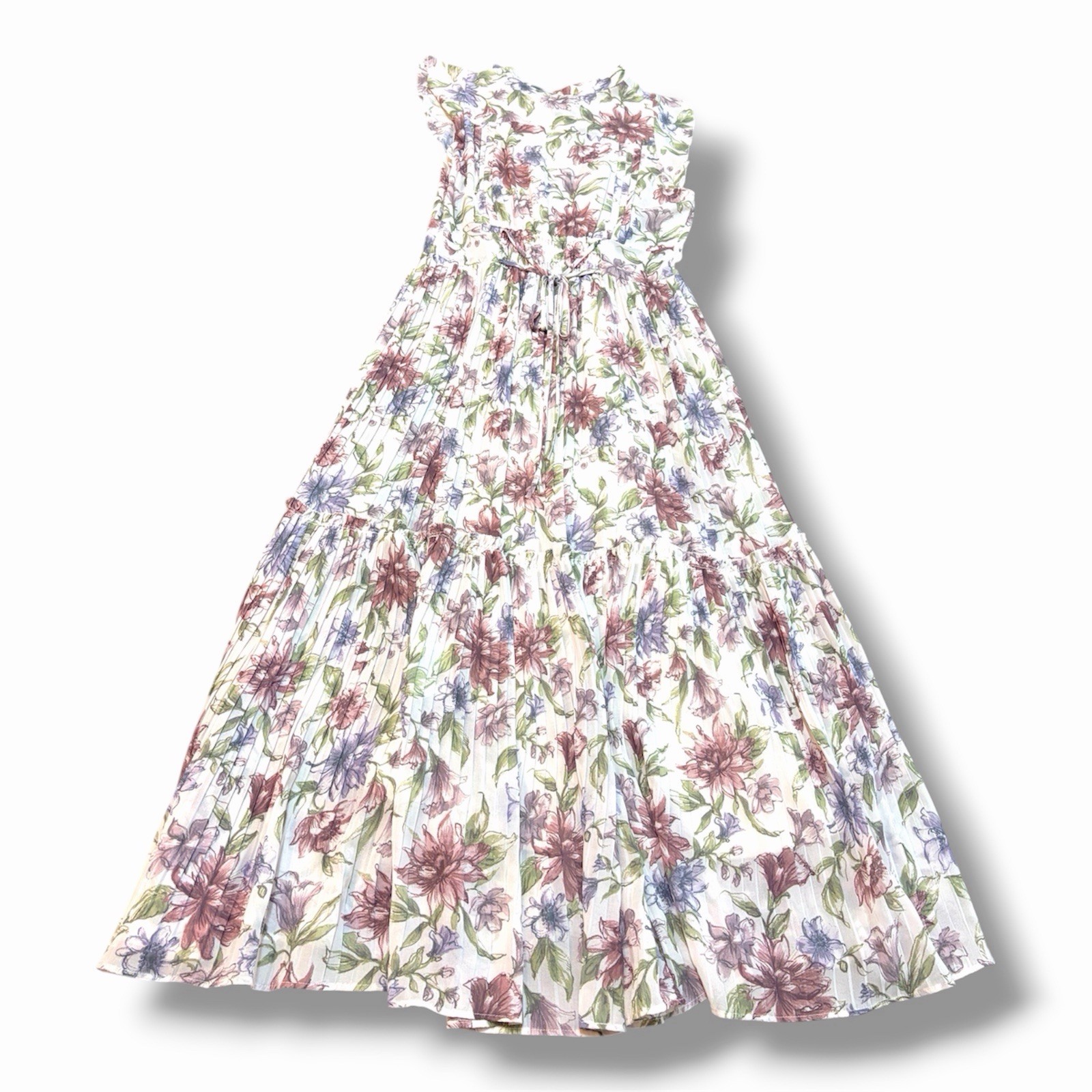 SNIDEL Floral Pleated Maxi Dress Size 2 Ivory Pink Purple w/ Slip Dress Japan