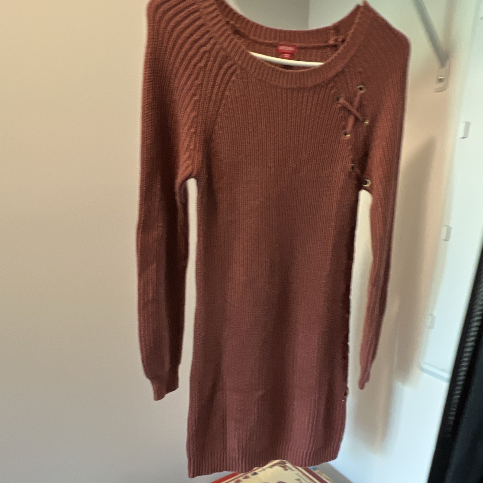 GUESS Women’s Brown Knit Sweater Dress Small Lace-Up Crew Neck Long Sleeve Short