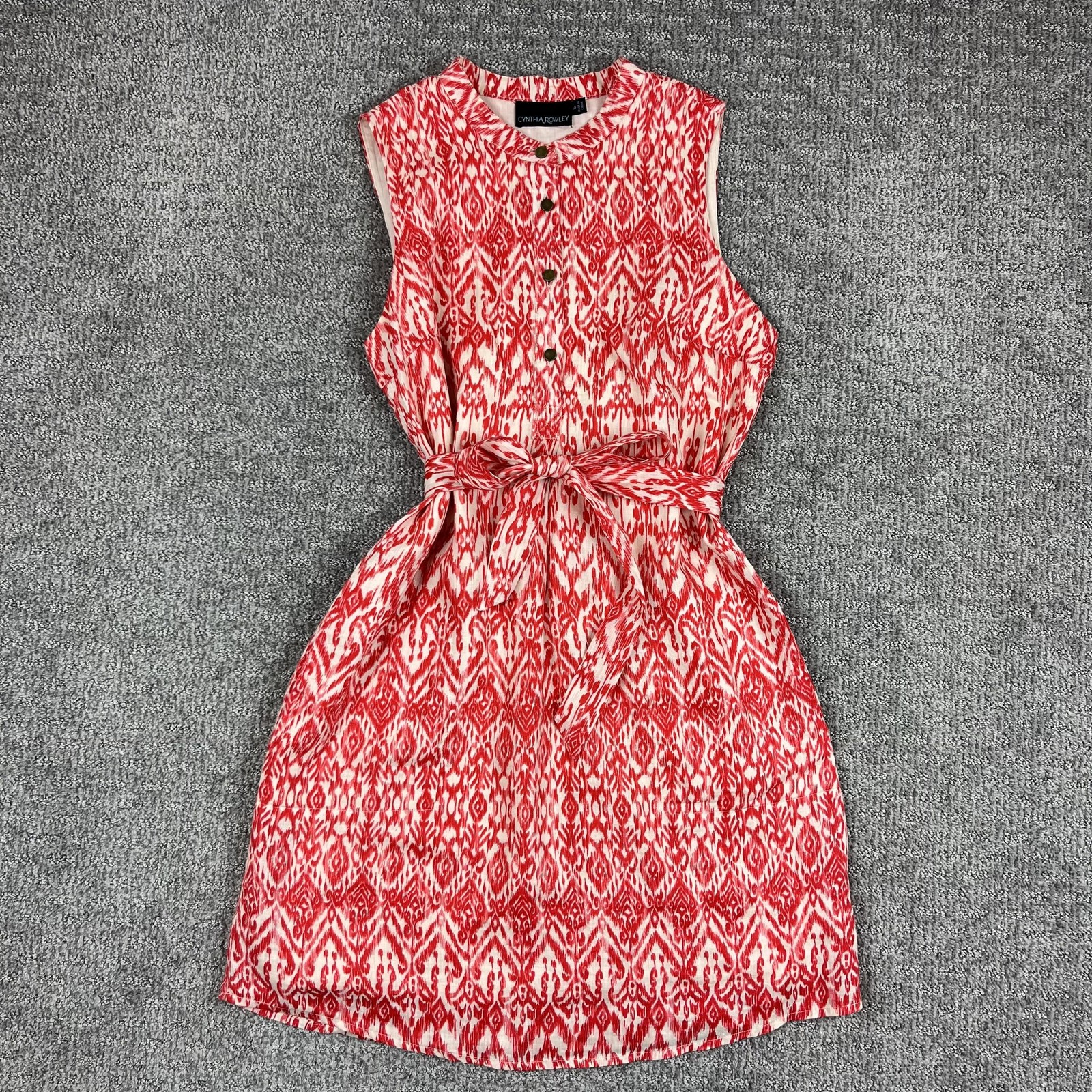 Cynthia Rowley Dress Womens 6 Red White Ikat Linen Sleeveless Belted Pockets