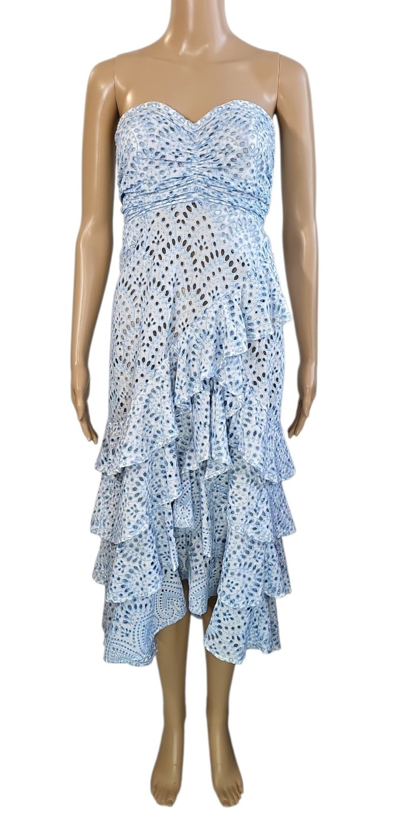SUNDRESS Flavie Blue Eyelet Strapless Tiered Ruffle Midi Dress S $264