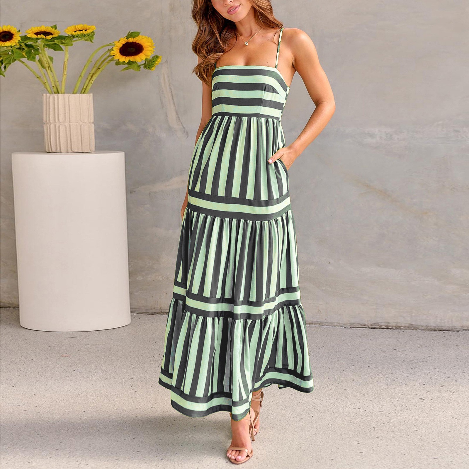 Summer Striped Printed Suspender Long Dress With Pockets-Women Clothing