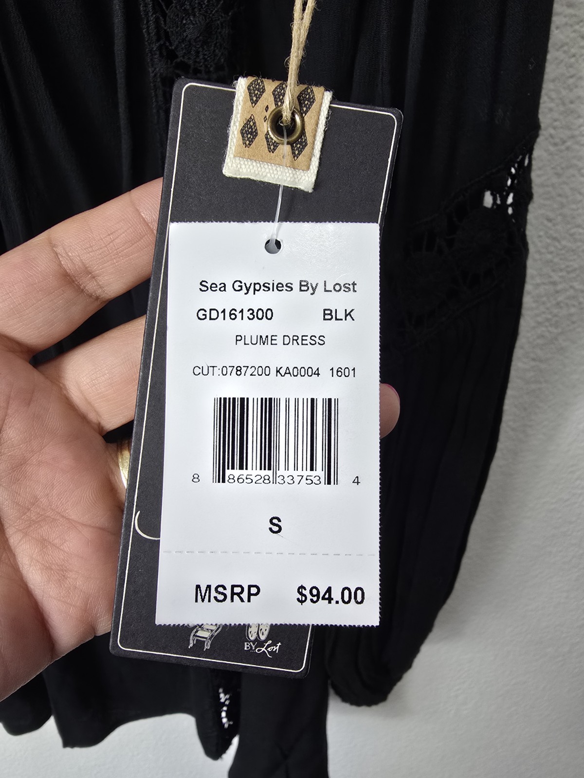 NWT Sea Gypsies by Lost “Plume Dress” Black Boho Lace Up Mini Dress – S