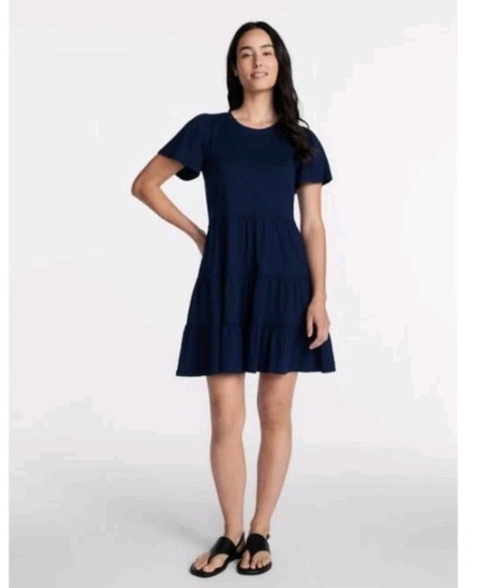 Time and Tru Women’s Tiered Cotton Dress with Short Sleeves Dark Navy Size M